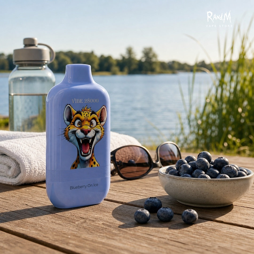 RandM Tornado 28000 Blueberry On Ice an einem sommerlichen Seeplatz mit Handtuch, Wasserflasche und Blaubeeren