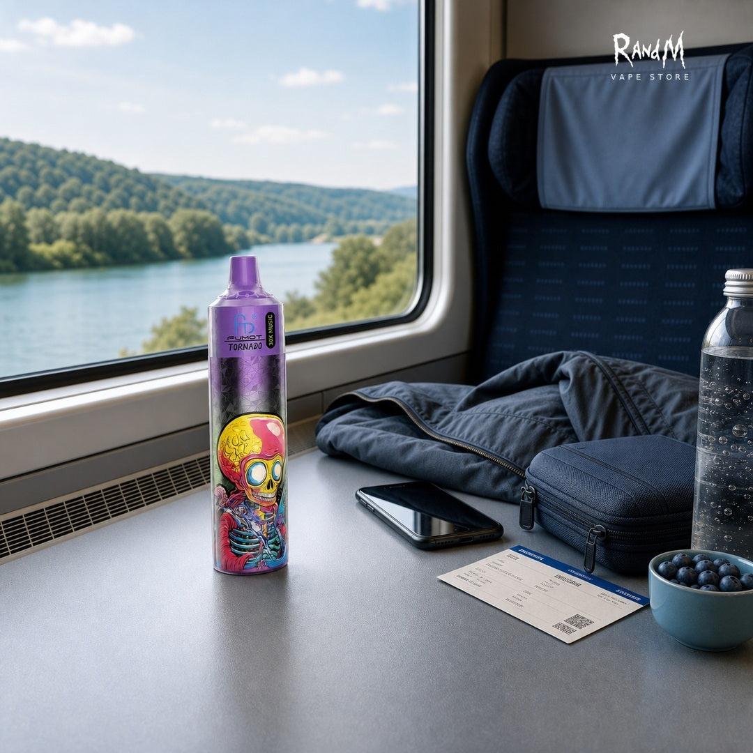 RandM Tornado 30000 Blue Razz Ice auf einem Zugtisch mit Reiseutensilien und RandM Vape Store Logo