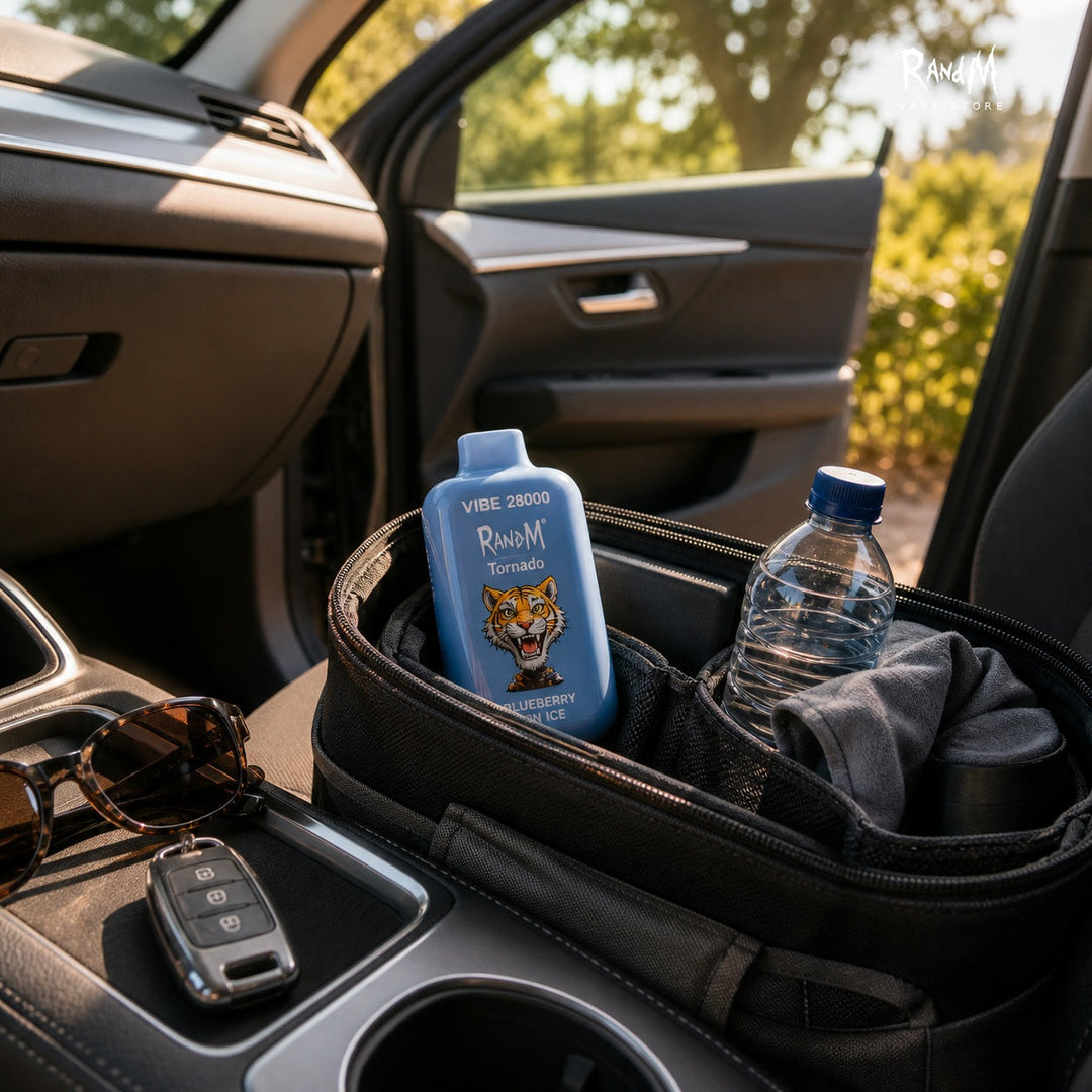 RandM Tornado 28000 Blueberry On Ice in einem Auto-Organizer bei sommerlicher Fahrtvorbereitung