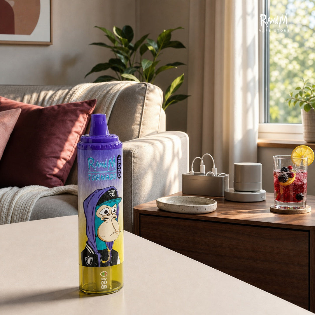 RandM Tornado 15000 Berry Lemonade auf einem sicheren Ablageplatz zuhause mit Sofa, Ladezone und RandM Vape Store Logo