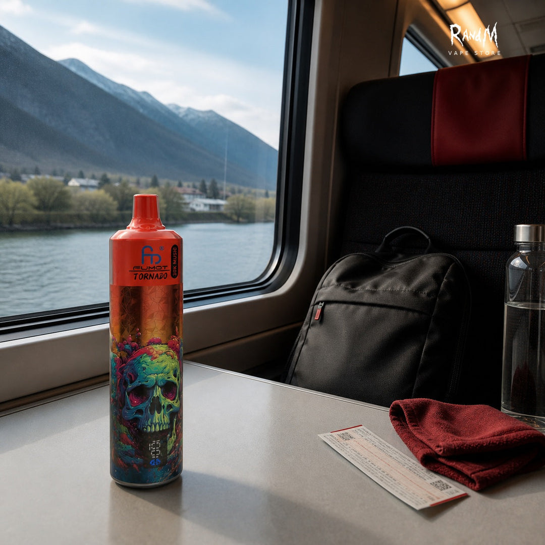 RandM Tornado 30000 Cherry Ice an einem Zugfenster mit Tasche Ticket Wasser und RandM Vape Store Logo