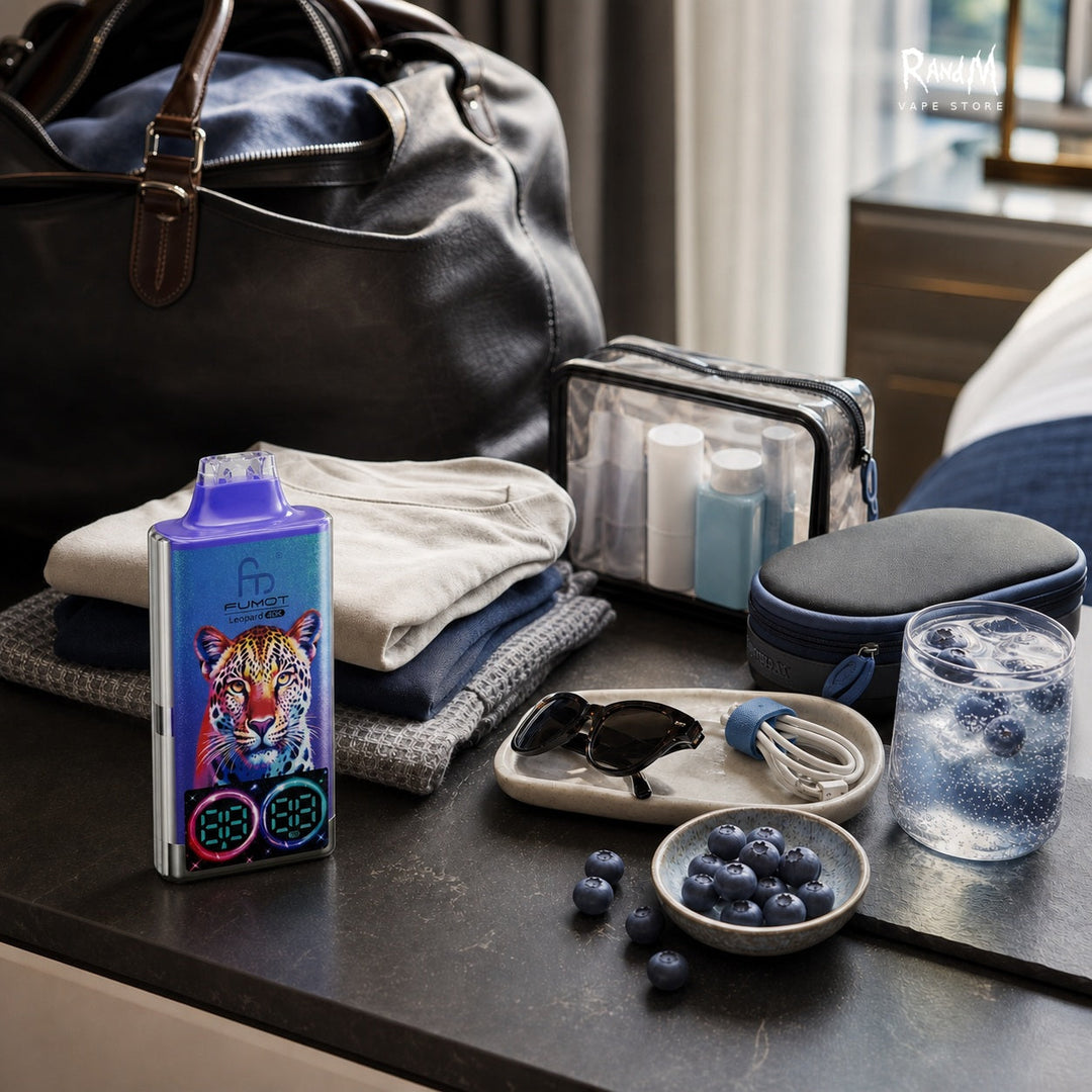 RandM Tornado 40000 Blueberry On Ice auf einem Wochenendtrip-Packtisch mit Kulturbeutel, Tasche und RandM Vape Store Logo
