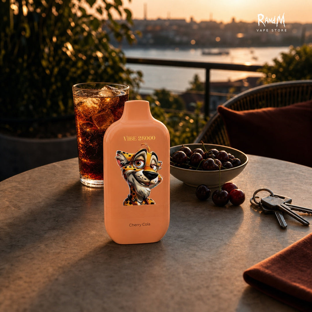 RandM Tornado 28000 Cherry Cola in einer sommerlichen Abend-Szene mit Cherry-Cola-Drink und RandM Vape Store Logo