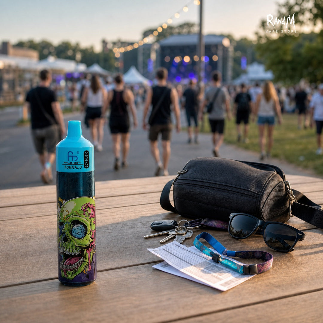RandM Tornado 30000 Black Ice auf einem Festivaltisch mit Tasche, Schluesseln und erwachsenen Besuchern im Hintergrund.