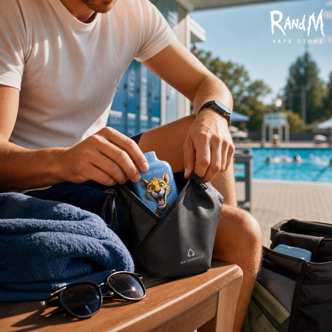 Erwachsene Person verstaut eine RandM Tornado 28000 Blueberry On Ice im Freibad sicher in einer trockenen Tasche