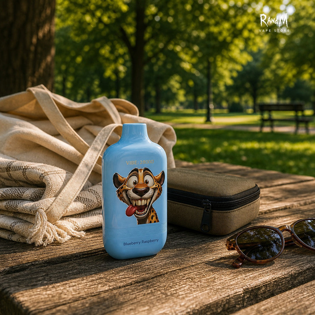 RandM Tornado 28000 Blueberry Raspberry auf einem Picknicktisch im sommerlichen Park