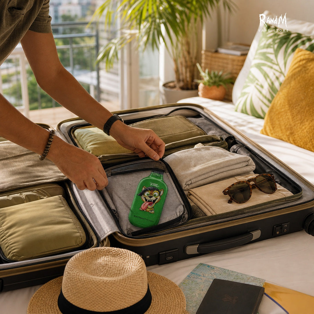 Erwachsene Person packt eine RandM Tornado 28000 Kiwi Passion Fruit Guava sicher in einen Urlaubskoffer