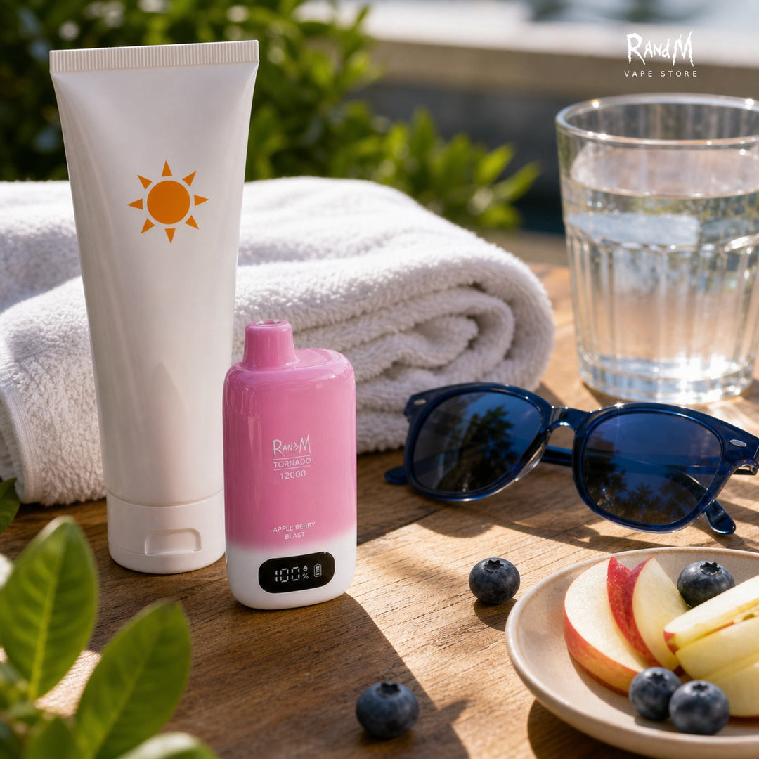 RandM Tornado 12000 Apple Berry Blast neben Sonnencreme, Handtuch, Apfelstuecken und Blaubeeren auf einem Sommertisch