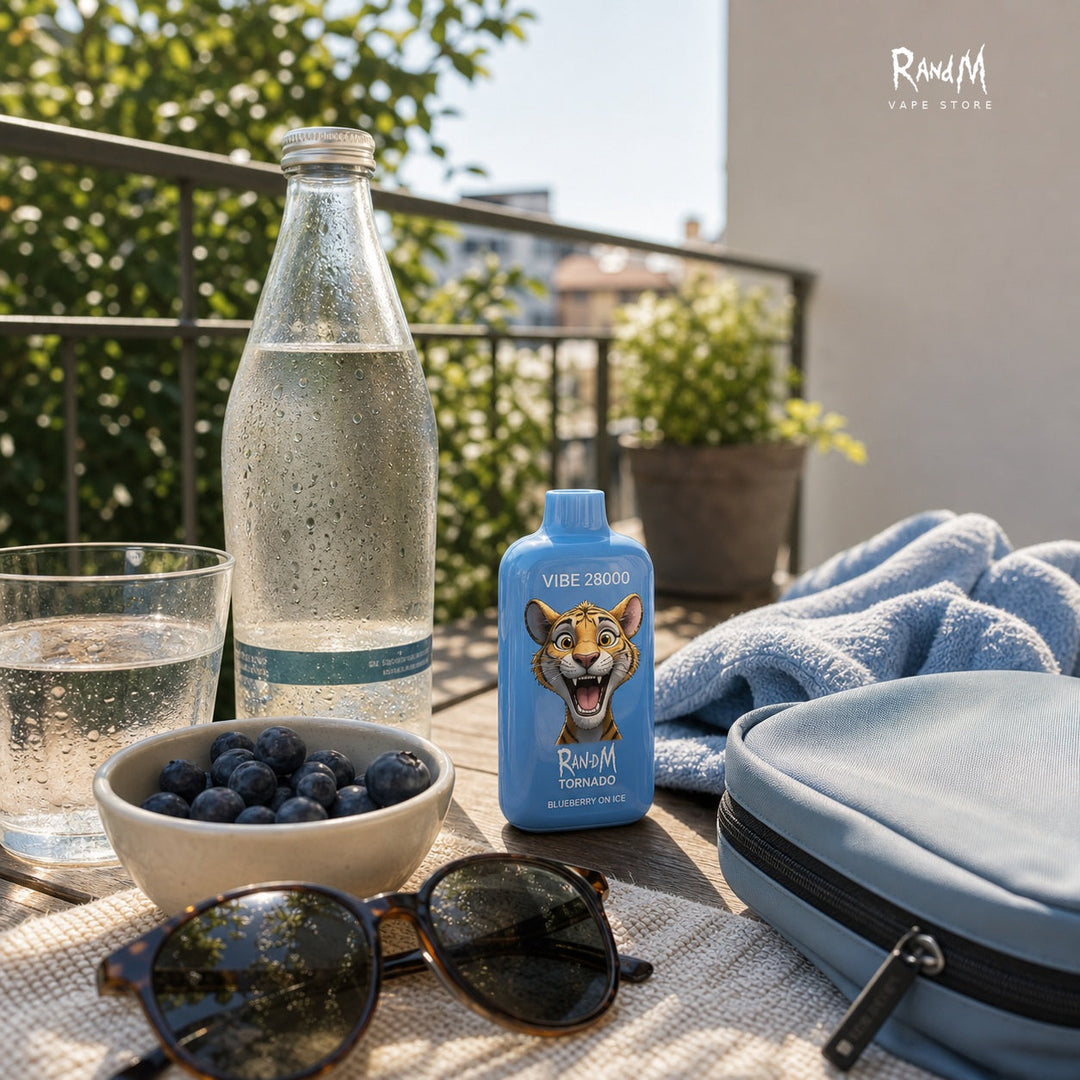 RandM Tornado 28000 Blueberry On Ice auf einem schattigen Sommertisch mit kaltem Wasser und Beeren